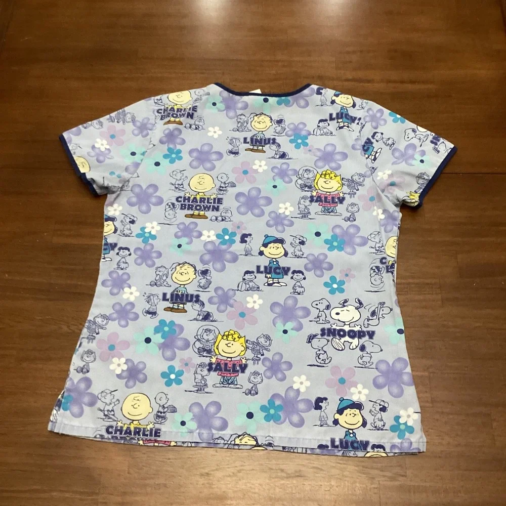 Peanuts Charlie Brown Snoopy Floral Scrub Top V-Neck Medical Uniform Small